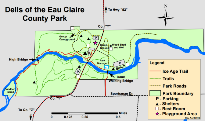 Hiking trail map of the Dells of the Eau Claire County Park in north-central Wisconsin. 