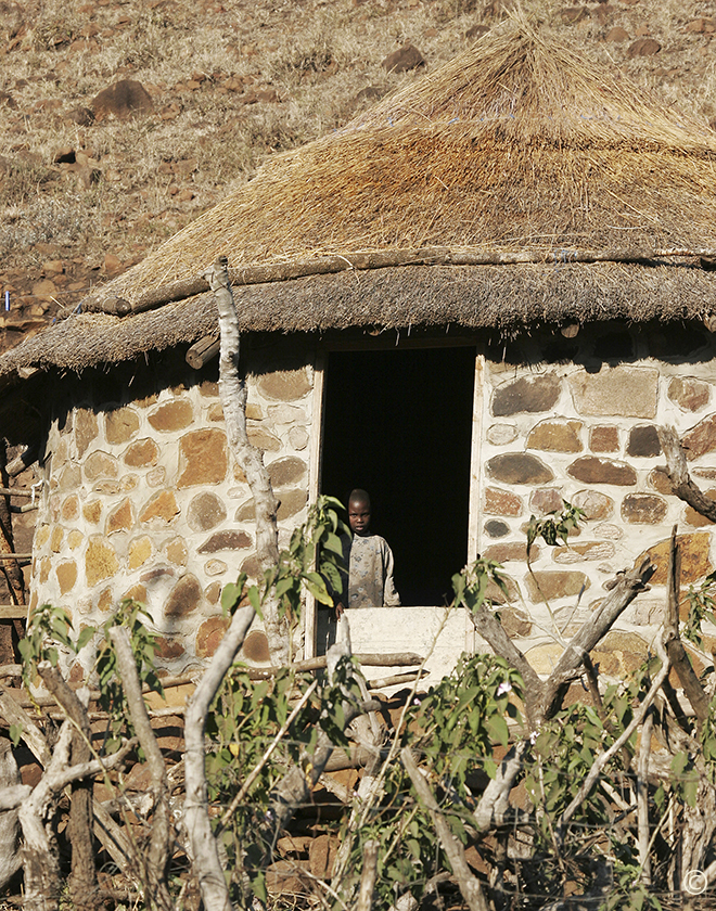A boy peers outside the door of his family's hut in the Zululand region of South Africa. This hut is a typical home for most villagers. The thatched roof is made from ripened wild grass and lasts between 20-40 years. Sue Pischke, ©2006 ALL RIGHTS RESERVED